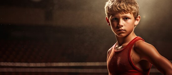 Young boy in red shirt boxing in ring - obrazy, fototapety, plakaty