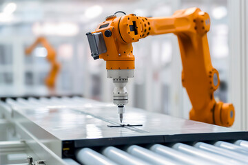 Robotic arm working on assembly line in factory, industry 4.0 concept