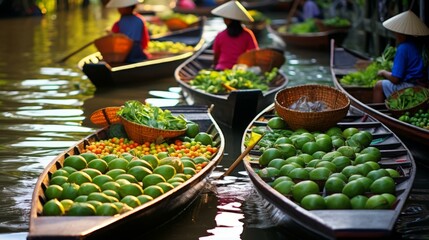 b'A bustling floating market in Thailand with boats full of fresh produce'