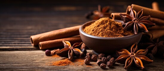 Cinnamon and star anise spices in bowl with cinnamon sticks