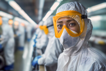 Portrait of asian woman in hazmat suit and protective glasses looking at camera.