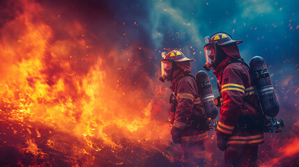 Two firemen fighting fire in the dark with smoke and fire.