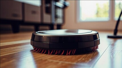 A robot hoover cleans the flat. Close-up