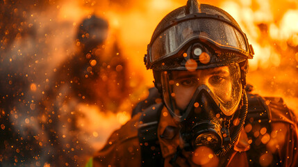 Firefighter in action. Firefighters fighting fire with water and smoke