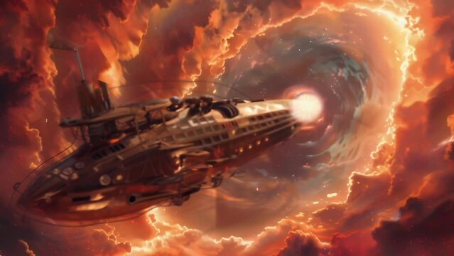Steampunk-style airship navigates through a turbulent, fiery vortex in an apocalyptic sky, evoking a sense of danger, adventure, and the struggle for survival in a fantastical, alternate universe.
