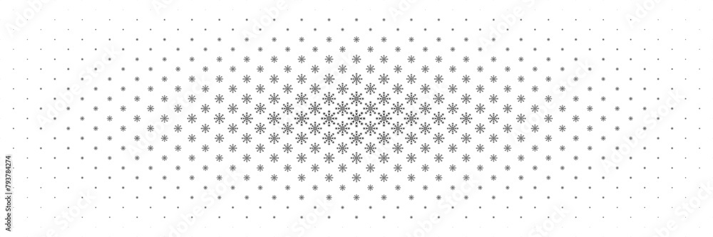 Poster horizontal halftone of black snowflake spread from center design for pattern and background.