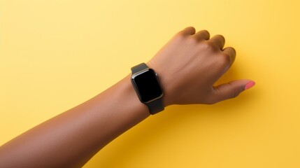 b"Black Apple Watch on a dark-skinned person's wrist"