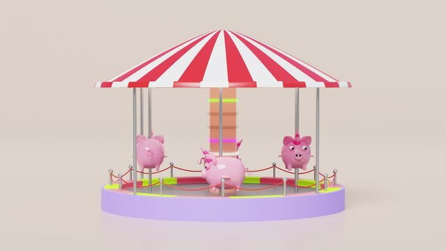 Carousel or merry go round with piggy bank isolated on pink background. 3d render illustration, alpha channel