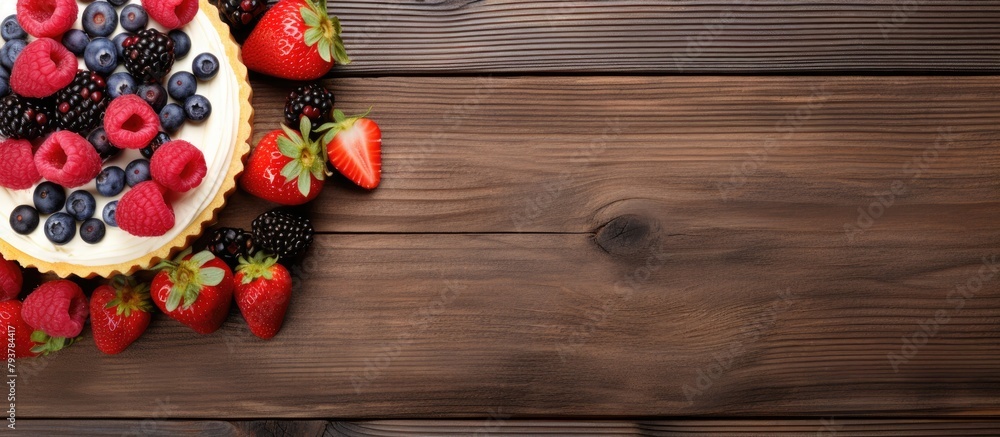 Wall mural Cake with Berries and Strawberries on Wooden Table