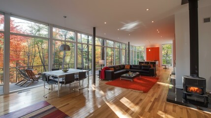 Fototapeta premium b'Modern house interior living room with large windows and view of forest'