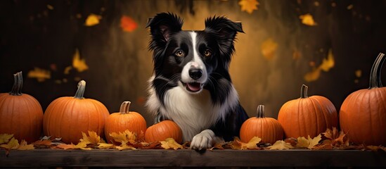 Dog seated near pumpkins and leaves on table