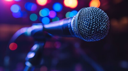 b'Close-up of a microphone on stage with blurred colorful lights in the background'