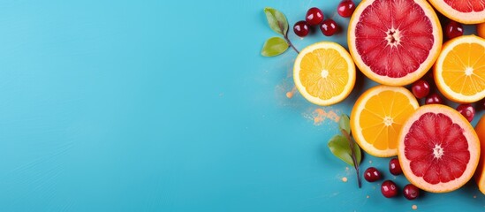 Different fruits on blue surface