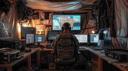 Soldier works at a computer station in a tent
