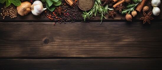 Wooden table with various spices and herbs