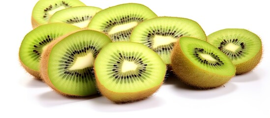 Fototapeta premium Many halved kiwis on white surface