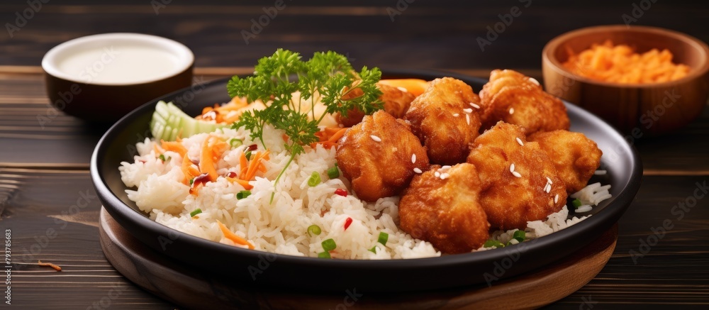 Poster Rice and meat in bowl with side sauce