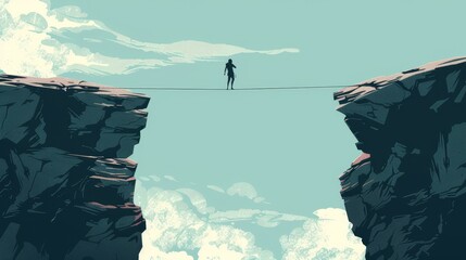 Silhouette on Tightrope Between Cliffs, Metaphor for Challenge - obrazy, fototapety, plakaty