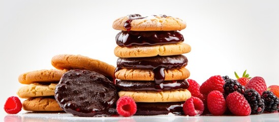 Close up of a cookie stack with chocolate and raspberries
