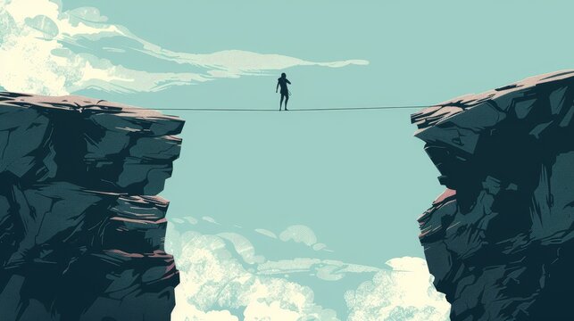 Silhouette on Tightrope Between Cliffs, Metaphor for Challenge