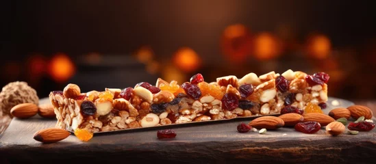 Foto op Plexiglas anti-reflex Close up of a wholesome granola bar with assorted nuts and dried fruits © Ilgun