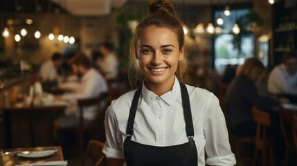 b'Portrait of a Smiling Waitress in a Busy Restaurant'