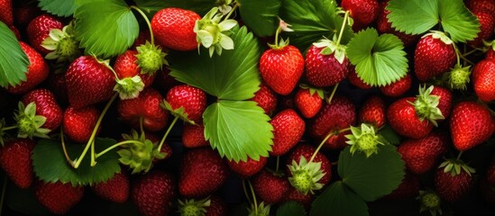 Fresh strawberries with green leaves
