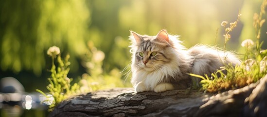 A serene cat rests on a stone amid green meadow