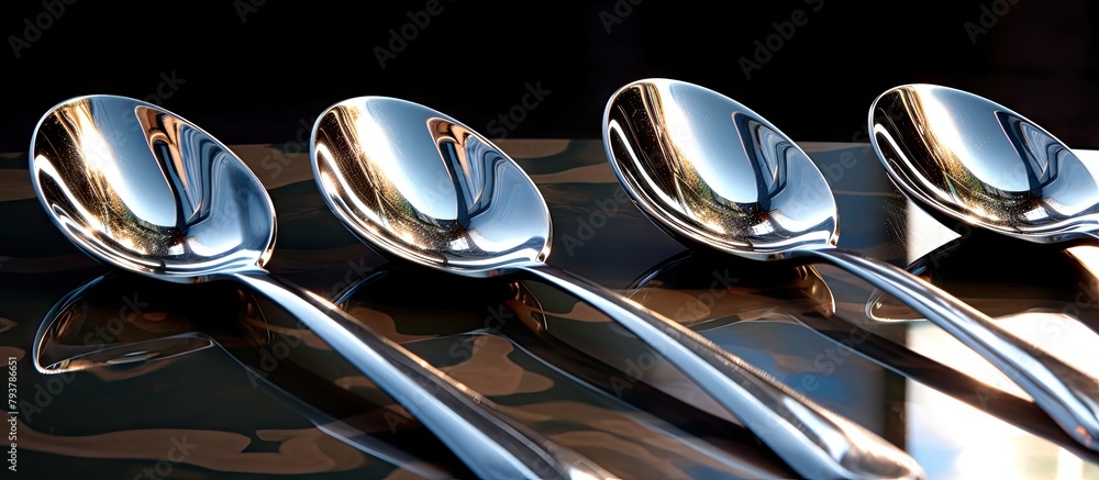 Poster four spoons and a spoon rest on a table with a black background