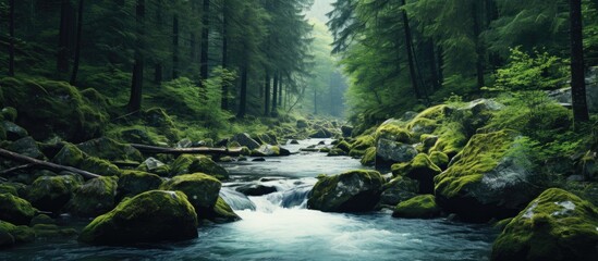 A serene stream flows amidst rocky forest