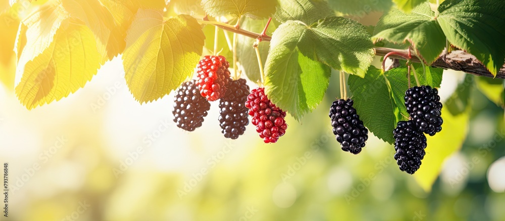 Canvas Prints Several blackberries dangle from branch amid green leaves