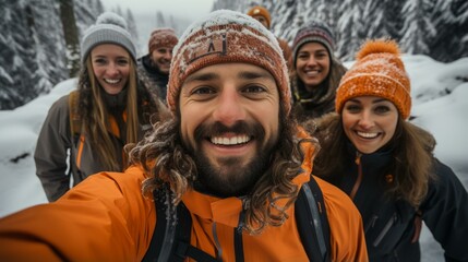 b'A group of friends hiking in the snow'