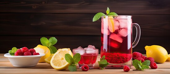 Pitcher raspberry lemonade and raspberries close up