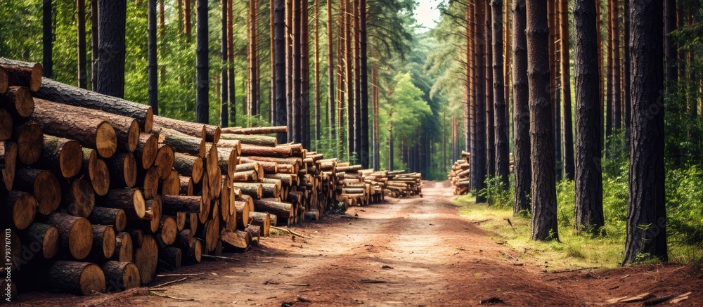 Poster a path winding through a thick forest filled with numerous logs