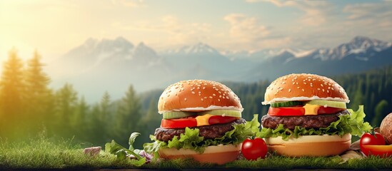 Two burgers with fresh toppings on a grassy field
