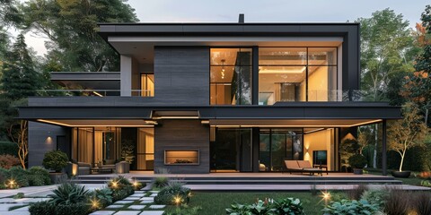 Black exterior house with large glass windows surrounded by trees and plants