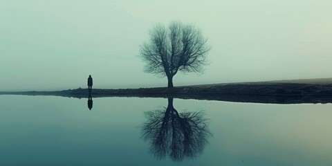 Man standing alone in front of a body of water with a tree in the middle - obrazy, fototapety, plakaty
