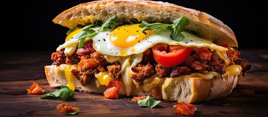 Sandwich with meat, cheese, and egg