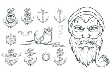 Hand Drawn sailor. Cartoon bearded man character. Sailor character head. Anchor Tattoo patch. Sea set. Vector artwork