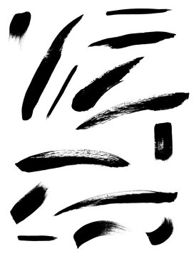 Set of brush strokes. Brushwork, brushstroke, Collection of brush hand-drawn graphic elements. Watercolor.