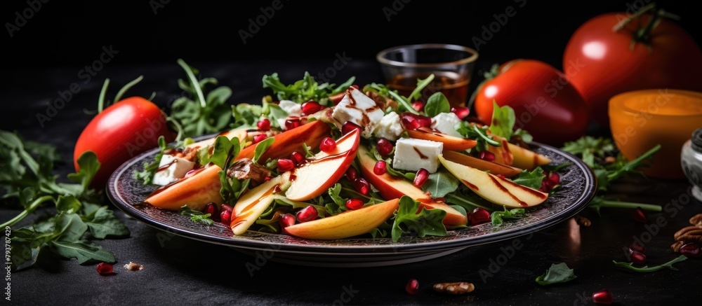 Poster Plate of mixed salad with apples, cheese, and tomatoes