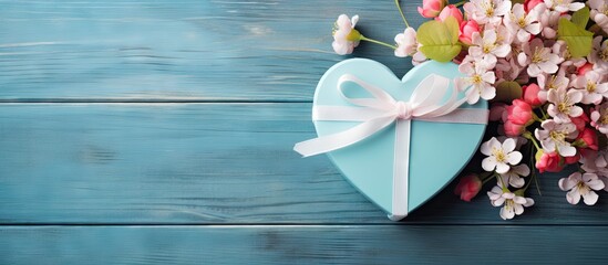 Heart box, bow, flowers on blue wooden backdrop
