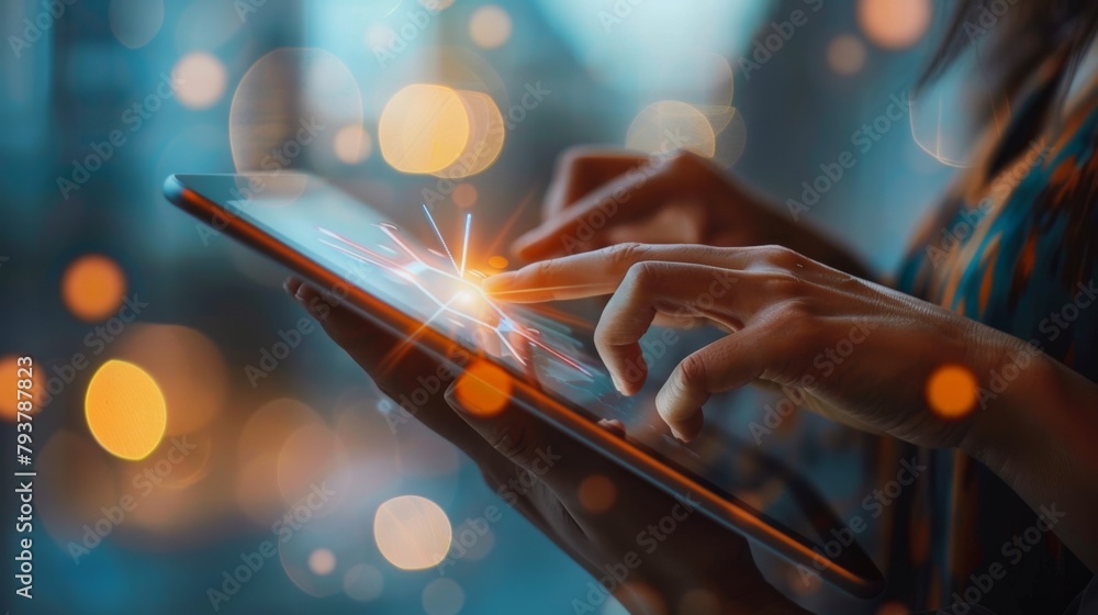 Poster hands holding a tablet with wireless network bars visible, accessing online resources with ease.