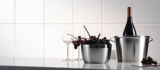 Wine bottles, glasses, and grapes on counter