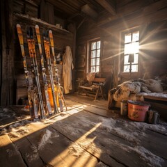 Fototapeta na wymiar b'Cabin in the Woods with Skis'