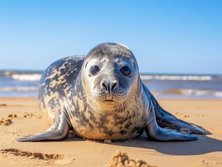A young grey seal, Grey seal Halichoerus grypus, cute young animal - obrazy, fototapety, plakaty