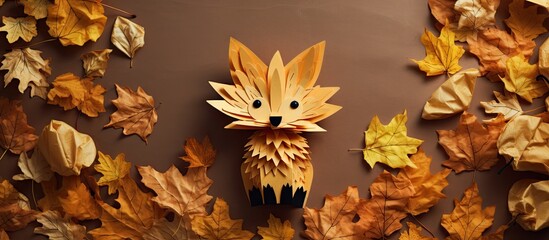 Table with leafy cat sculpture - obrazy, fototapety, plakaty