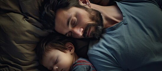 Man asleep child bed - obrazy, fototapety, plakaty