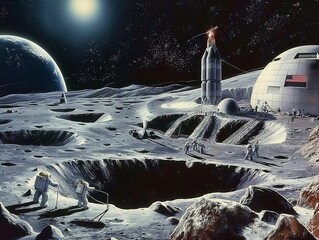 Space colony on the moon, Construction of settlements on the moon, lunar modules and development of technologies - obrazy, fototapety, plakaty
