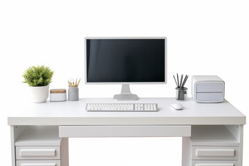 Computer on desk with white background. Subject related to the business world. Computer related topics. Image for graphic designer. Telework. Coworking.